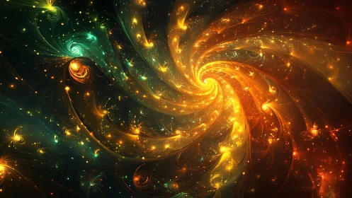 Swirling cosmic lights gather in a glowing golden spiral dance