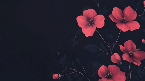 Coral Flowers on Dark Background with Delicate Foliage.