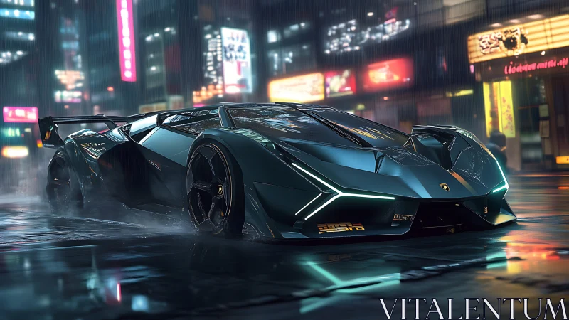 Futuristic supercar rendered on wet neon lit city street