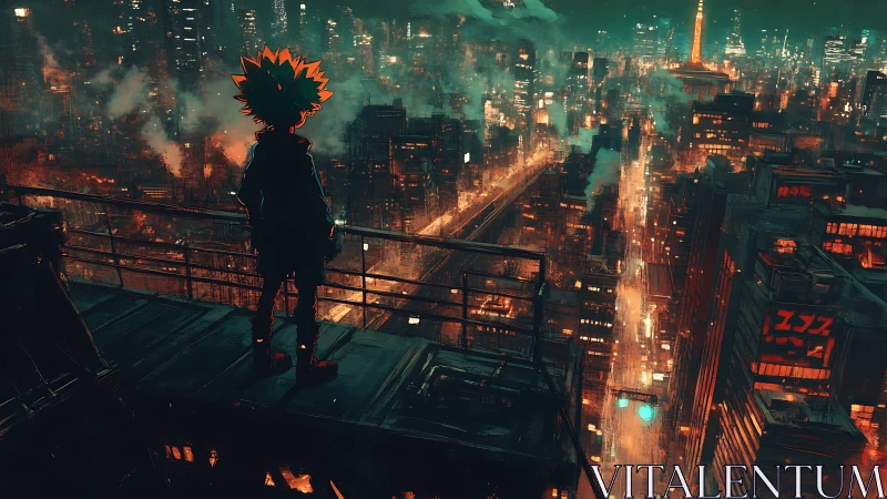 Neon rooftop dreamer watching ember-lit cyber cityscape.