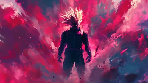 Neon-haired warrior emerges from explosive pink cosmic storm