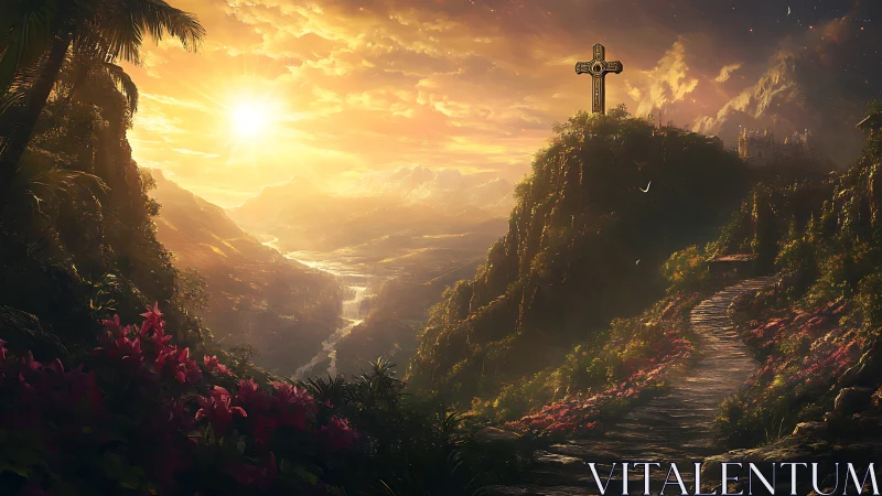 Mountain path with cross under warm sunset sky.