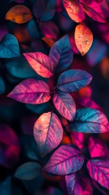Colorful plant leaves display intense pink and blue lighting