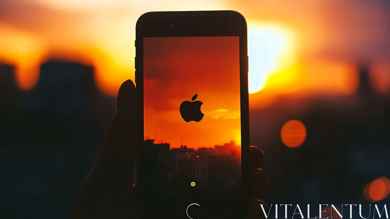 Smartphone silhouette framing vivid urban sunset sky.