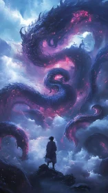 Solitary figure observes massive tentacled form in clouds