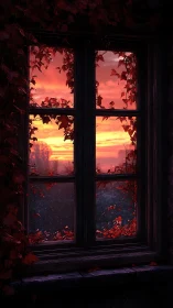 Crimson ivy window sipping the last embers of sunset glow.