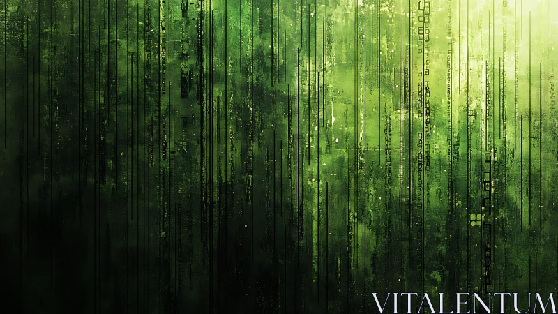 Cyberpunk data rain matrix with vertical circuit strata design.