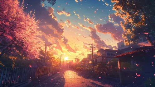 Anime sunset street under cherry blossoms in spring glow.