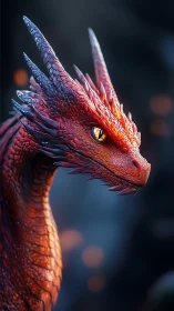 Ember-scaled dragon sentinel glows against drifting dusk embers.