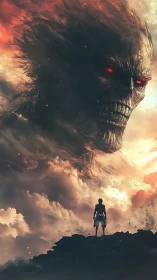 Lone warrior confronts colossal fiery skull amid storm clouds