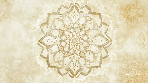 Golden mandala flower radiates over textured parchment field.