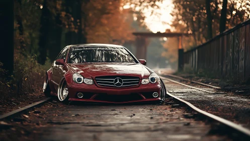 Stanced red Mercedes sedan slammed low on autumn tracks.