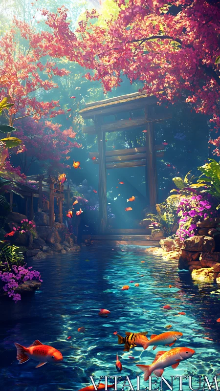 Koi pond beneath sakura canopy and rustic torii gate.