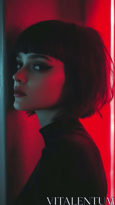 Woman in profile under red neon light, cinematic mood.