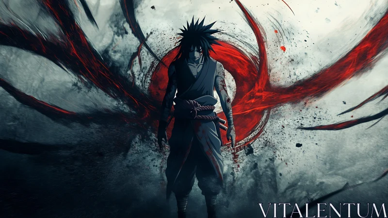 Dark anime warrior stands before swirling red energy halo