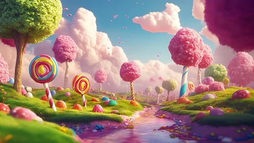 Whimsical Candy Kingdom: 3D Rendered Surreal Landscape with Lollipops and Pastel Clouds.