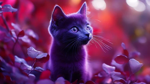 Purple Cat Among Vibrant Floral Blooms.