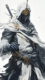 White-clad knight with gold filigree armor and sword drawn.