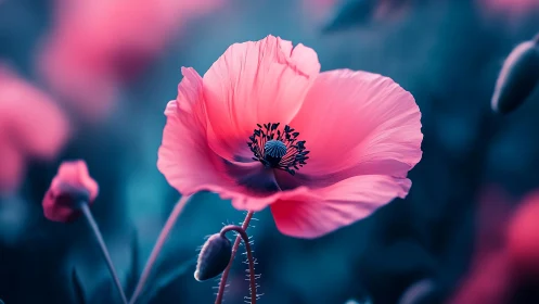 Pink Poppy Whispers: Velvet Dreams Against Sapphire Skies.