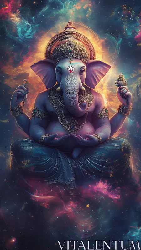 Celestial elephant-headed deity in luminous nebula aura.