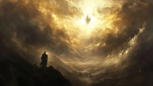 Warrior confronts radiant citadel above storm-torn abyss.