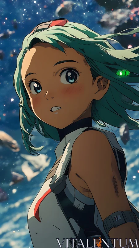 Starfield drift with turquoise haired space explorer portrait.