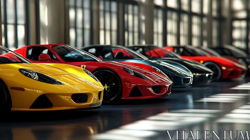 Supercar lineup under showroom sidelighting in bold primaries.