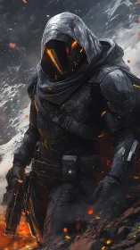 Armored sci fi assassin advances through molten battlefield