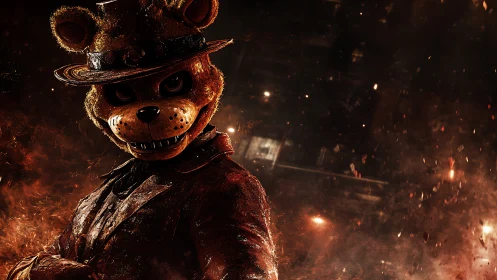 Sinister bear in ember-lit night, dressed to unsettle.