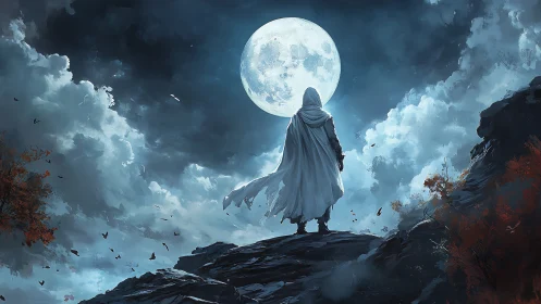 Lunar backlit cloaked figure on jagged escarpment at night.