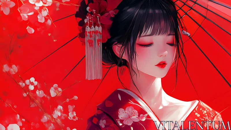 Serene kimono portrait under vermilion umbrella radiates calm