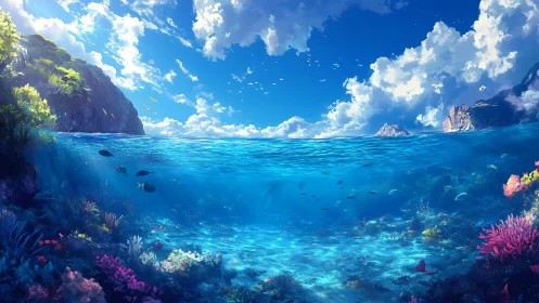 Sunlit tropical sea revealing a vibrant coral world below.