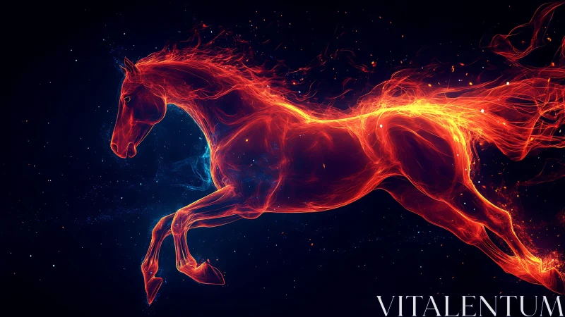 Neon fire horse silhouette in dynamic digital motion study.