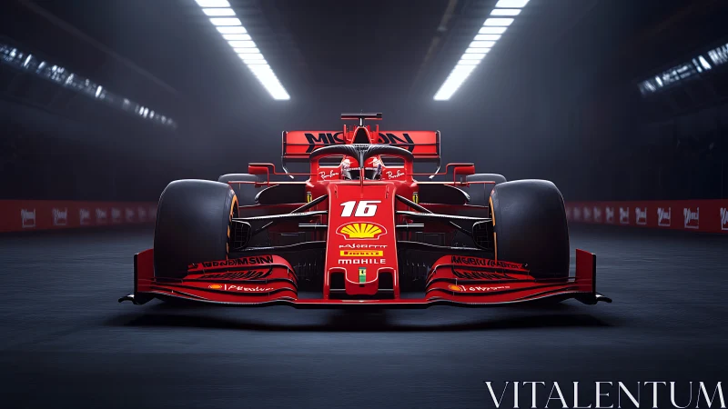 Front-on red Formula car in tunnel lighting, detailed aero surfaces.