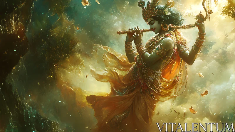 Divine flutist drifts through golden cosmic clouds in bliss