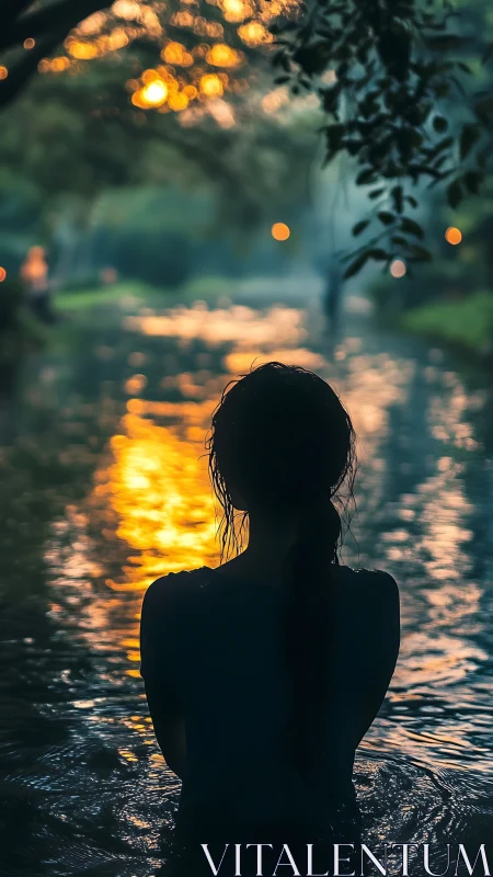 Silhouetted woman watches river sunset reflections in dusk