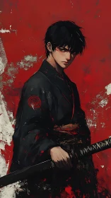Stoic midnight swordsman against a storm of crimson paint.