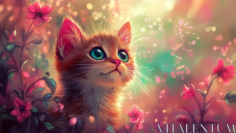 Luminous Feline Portrait With Turquoise Eyes Amid Chromatic Floral Bokeh