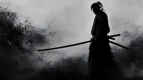 Quiet samurai silhouette wrapped in stormy drifting ink clouds.