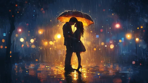 Couple Embracing Under Golden Umbrella in Rain.