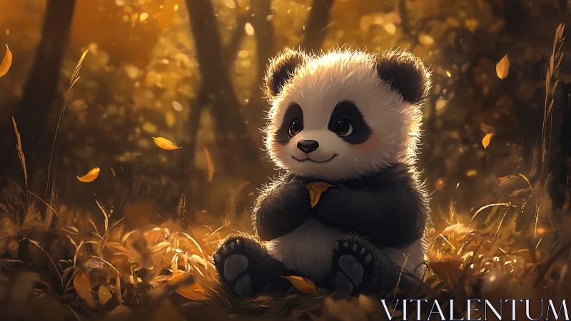Softly lit baby panda in autumn forest with golden bokeh glow