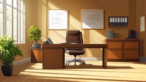Sunlit executive office interior contains organized work area