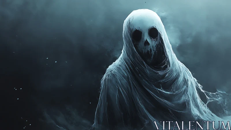 Shrouded spectral figure rendered in high-contrast cyan fog field