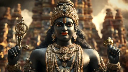 Regal temple deity radiates calm strength in golden light
