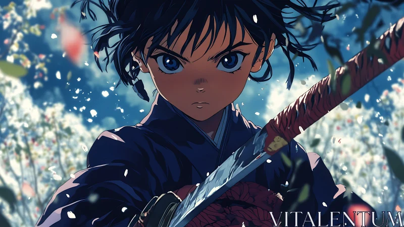 Determined young swordsman draws katana amid falling petals.