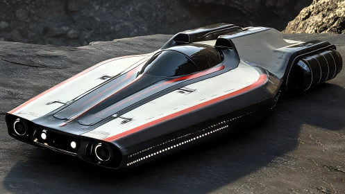 Futuristic hover vehicle on rocky terrain surface at rest.