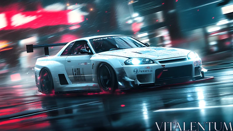 Street-tuned drift car slices through neon-soaked rain