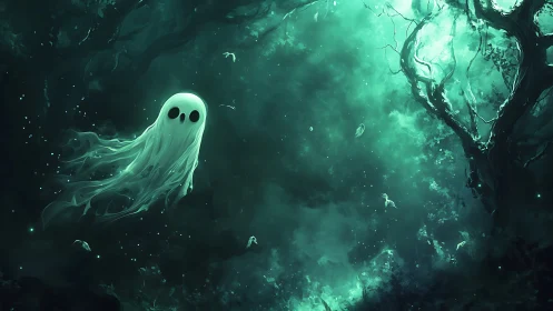 Ghostly figure drifts through glowing green forest night
