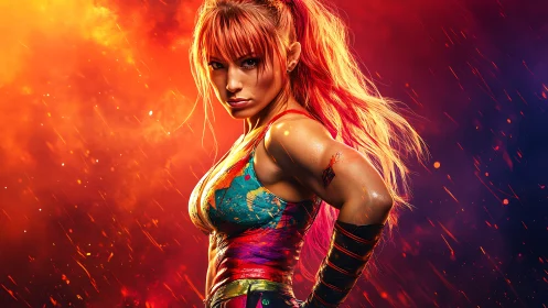 Fiery female fighter portrait in dynamic molten bokeh field