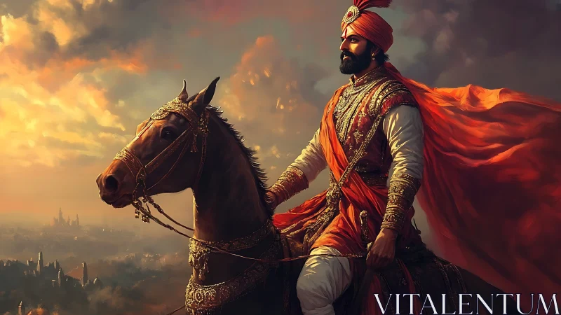 Regal warrior on horseback in cinematic digital painting composition.